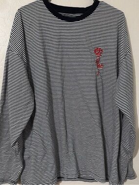 Forever 21 Black and White Striped Long Sleeve Tee with Red Rose Embroidery